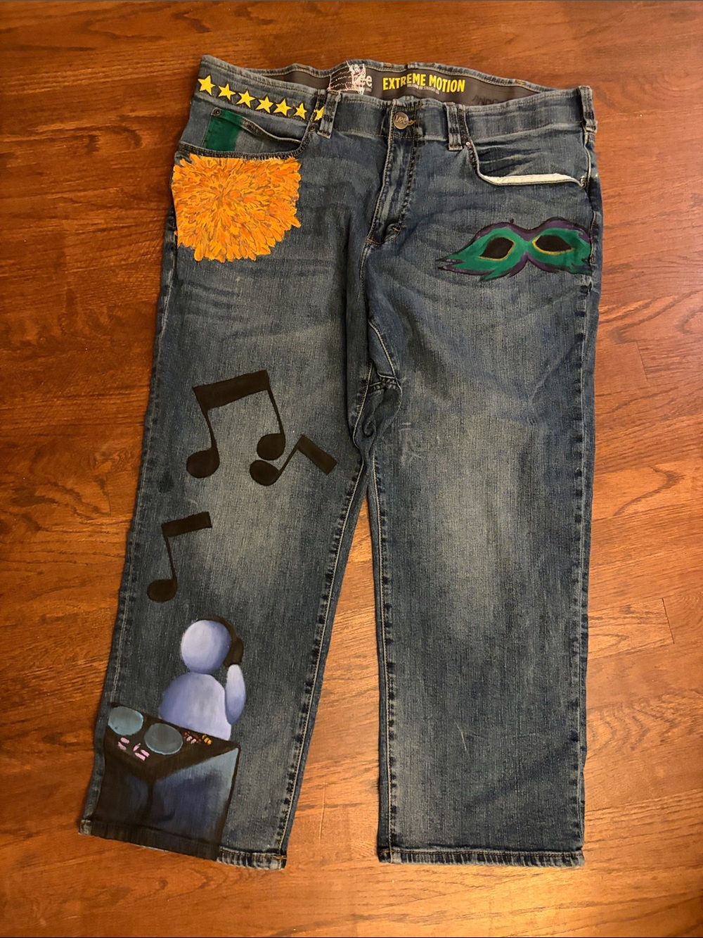 Blue  Denim Jeans with hand painted & embroidered Graphic Accents